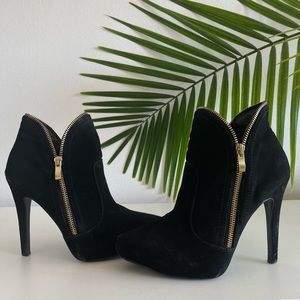 Black Suede Stiletto Booties with Gold Zipper 7.5